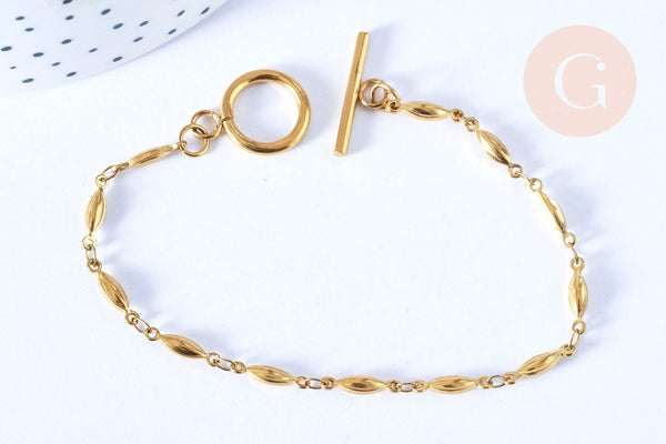 EP -Bracelet maille olive fermoir Toggle acier inoxydable doré 202mm, bracelet chaîne fine, x1 G7129