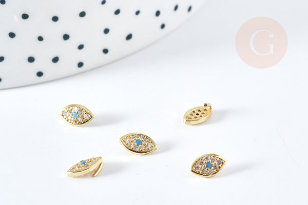 EP-Breloque oeil protecteur à coller laiton doré zircons 7.5mm, x1 (G8608)