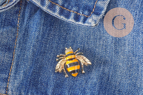 EP-Broche abeille émail noir et jaune zamac doré 29mm, x1 (G9923)