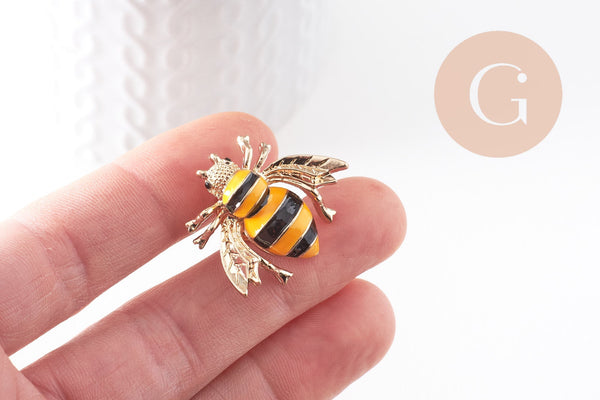 EP-Broche abeille émail noir et jaune zamac doré 29mm, x1 (G9923)