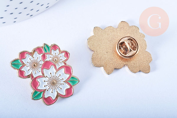 EP-Broche pins Fleurs motif végétal doré émail blanc 30x25mm, x1 G6619