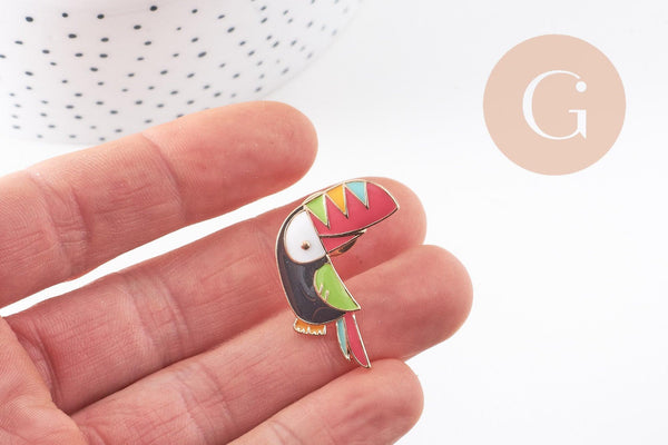 EP-Broche pins Oiseau toucan doré émail multicolore 31x22mm, x1 (G5954)