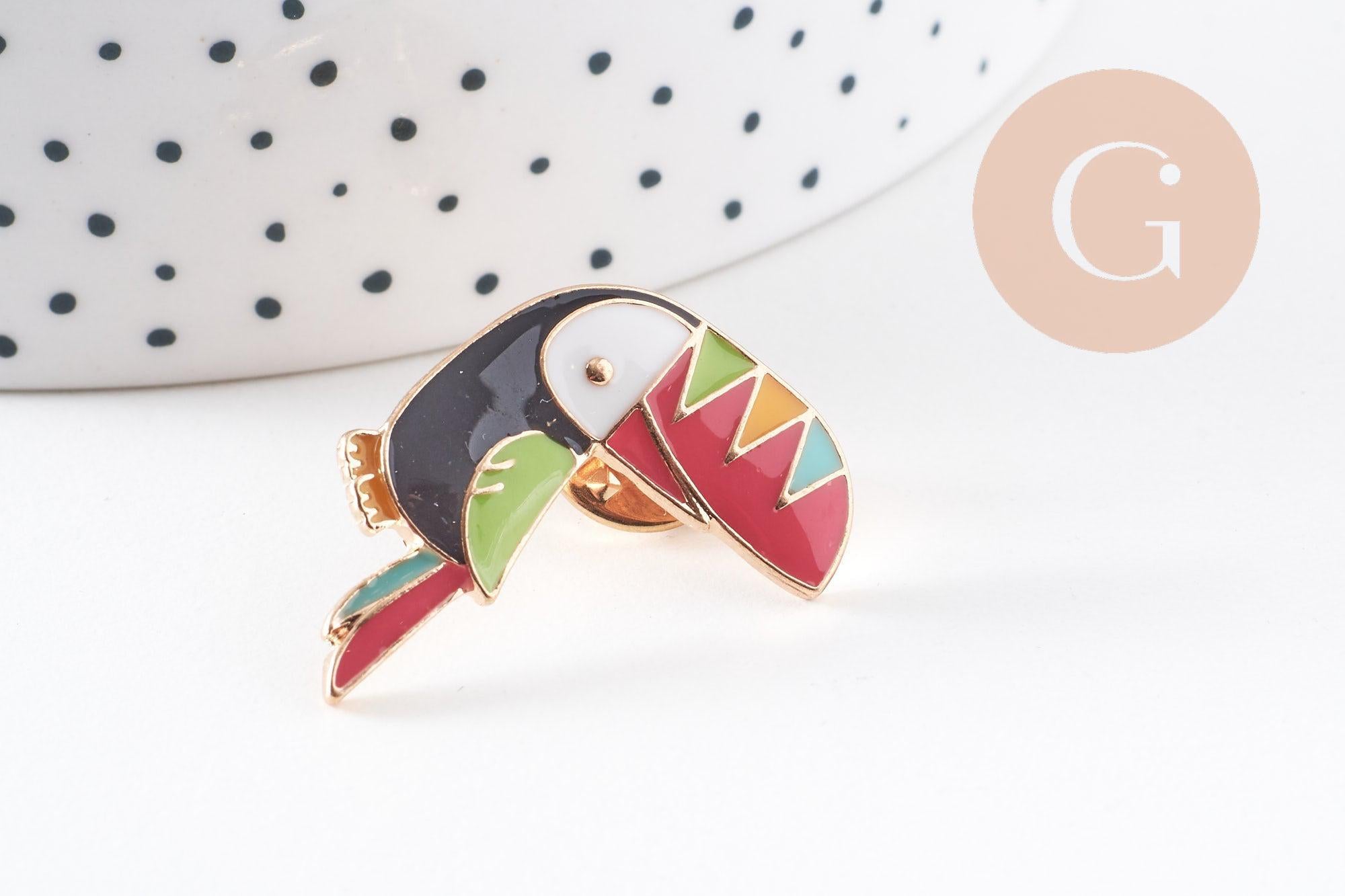 EP-Broche pins Oiseau toucan doré émail multicolore 31x22mm, x1 (G5954)