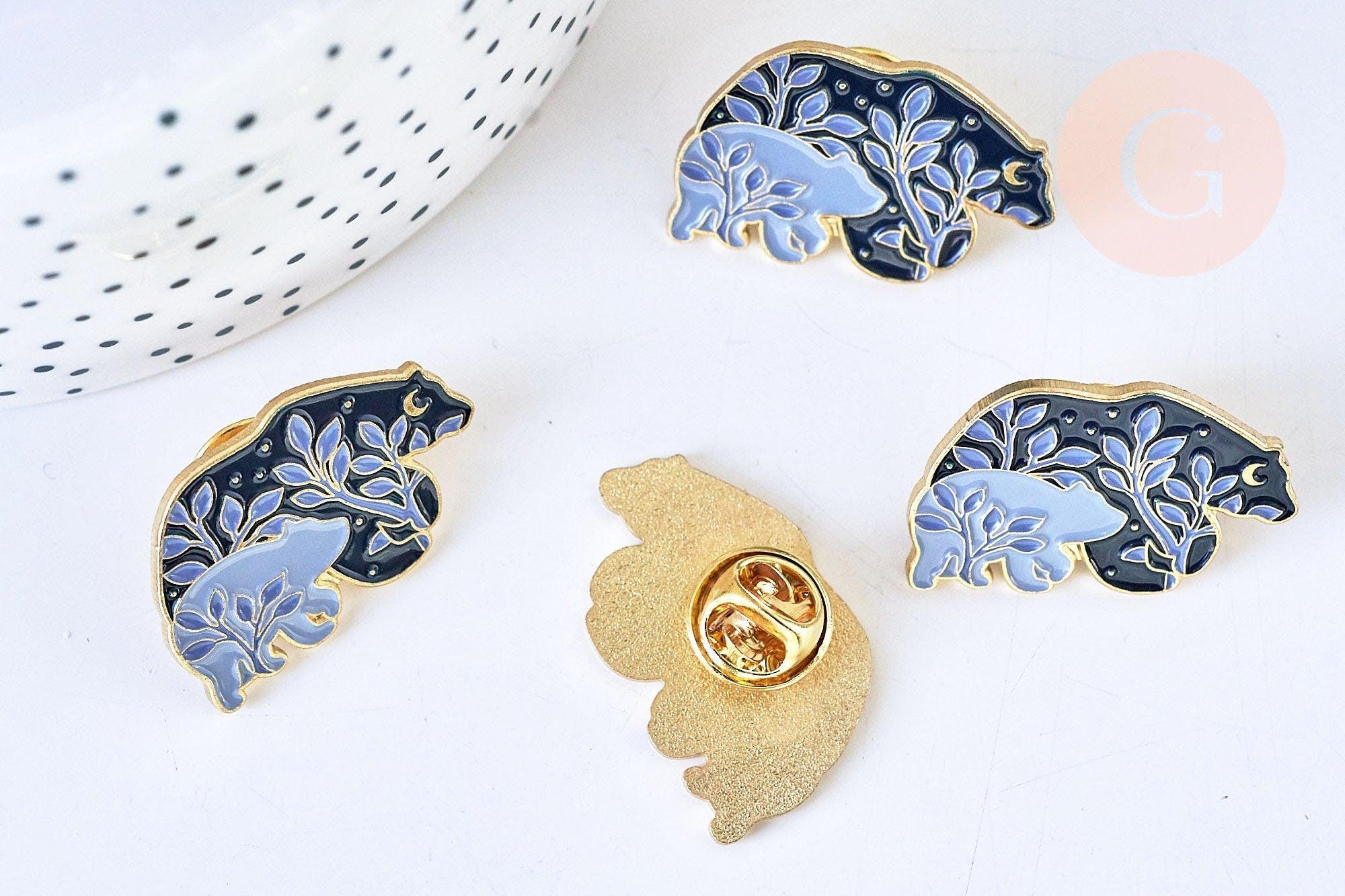 EP-Broche pins ours motif végétal doré émail noir violet 30x18mm, x1 G5537