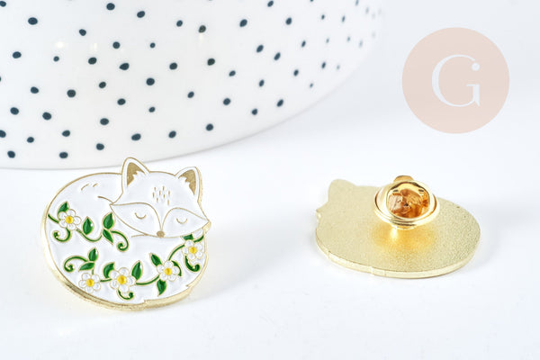 EP-Broche pins renard motif végétal doré émail blanc 26mm, x1 (G8497)