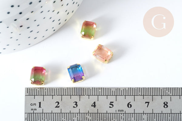 EP Cabochon cristal rectangle transparent dégradé avec serti en laiton doré 8x10mm, x1