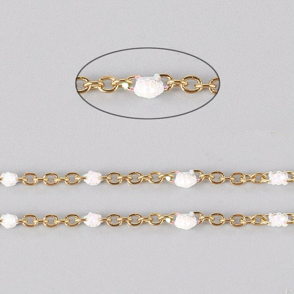 EP-Chaine dorée acier inoxydable doré fantaisie résine blanche paillette 2mm,x 1 mètre (G6735)