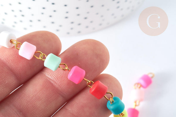 EP-Chaine tube polymère multicolore heishi laiton doré 13mm,Chaine pour création bijoux coloré, x1 mètre (G7184)