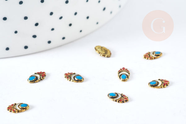 EP-Charm à coller ovale zamac bronze émail bleu et rouge 8mm, x5 (G8568)