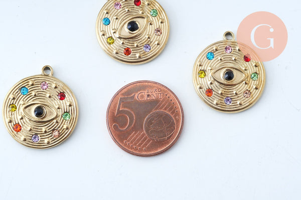 EP NPR Pendentif rond oeil acier doré inoxydable zircons multicolores 23mm, pendentif pour création de bijoux DIY, x1 G6035