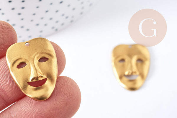 EP-Pendentif Masque carnaval laiton brut 25mm, création bijoux thème théatre x1 G8201