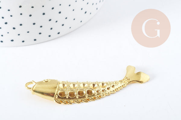 EP Pendentif Poisson Tibétain zamac doré à strasser 70mm, pendentif création bijoux x1 G8954