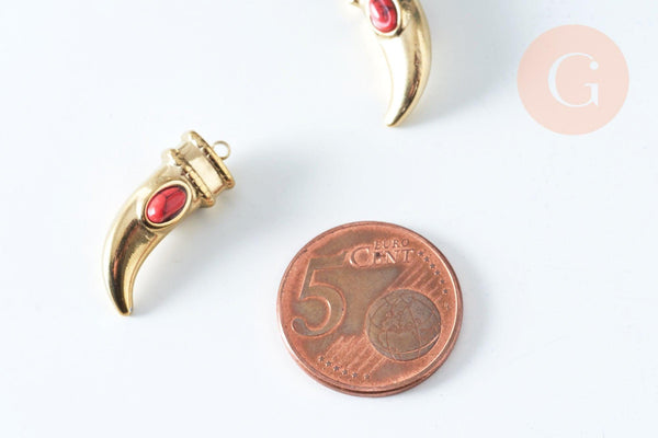 EP-Pendentif corne pierre synthèse acier doré 18K 23mm, x1 (G6353)