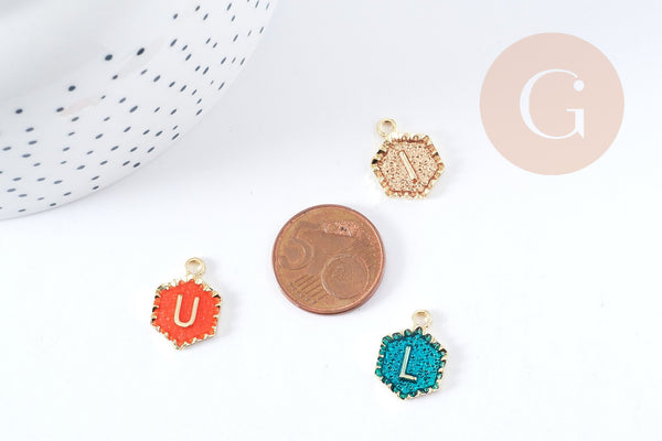 EP Pendentif hexagone lettre initiale zamac doré émail coloré 18k sans nickel 17.5mm,pendentif initale lettre mot prenom, x5 G2114