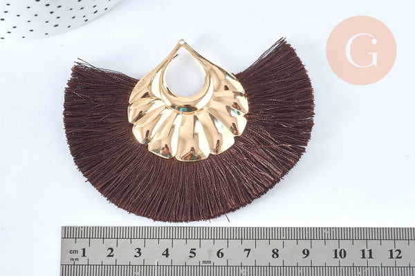 EP -Pendentif large pompon fil marron doré support doré,pendentif en fil sur support doré, 85-92mm, x 2, G4892
