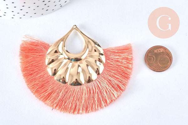 EP Pendentif large pompon fil rose corail support doré,pendentif en fil sur support doré, 85-92mm, x 2 G6838