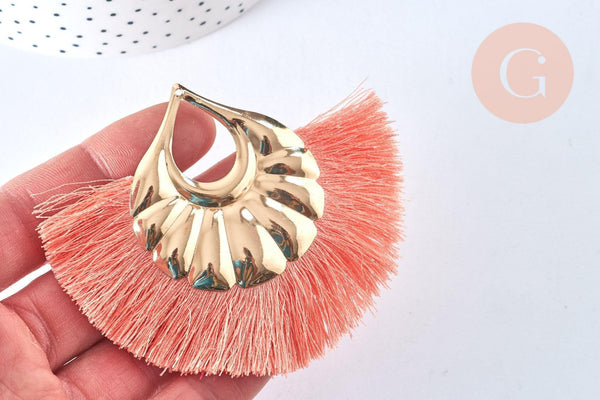 EP Pendentif large pompon fil rose corail support doré,pendentif en fil sur support doré, 85-92mm, x 2 G6838