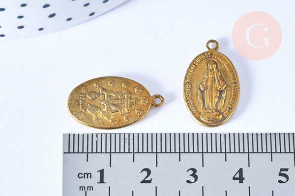 EP-Pendentif médaille ovale Vierge Marie laiton brut 3 anneaux, pendentif religion notre dame madonne, les 2 -G6559