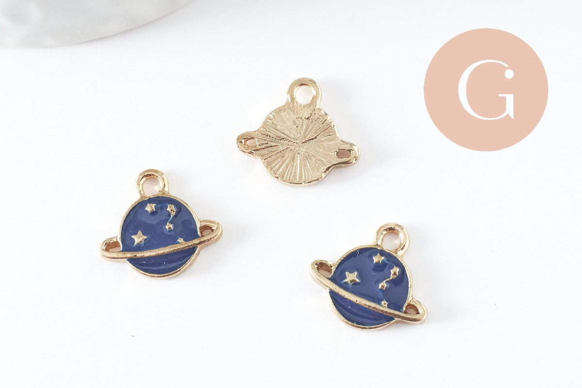 EP-Pendentif médaille rond planète étoiles émail bleu zamac doré 13mm, x1 (G5919)