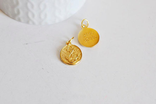 EP-Pendentif médaille ronde ancre acier doré, pendentif doré,sans nickel,laiton doré, création bijoux,médaille or,2.2cm-G1900