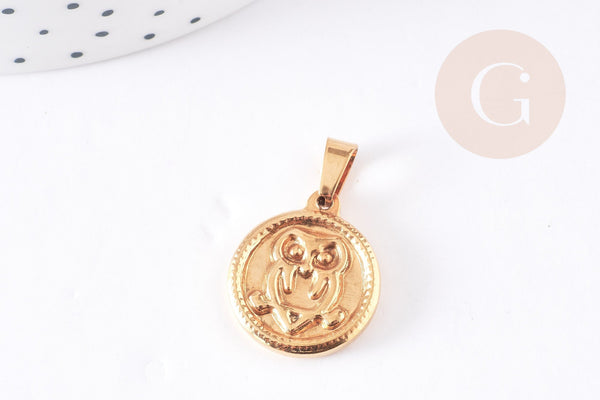 EP Pendentif médaille ronde hibou acier doré, pendentif doré,sans nickel,laiton doré, médaille or,2.1cm, x1 G2515