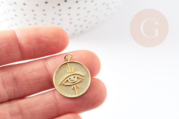EP-Pendentif médaille ronde oeil laiton doré 18K texturé 22mm, x1 G4853