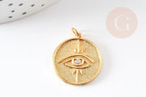 Pendentif rond oeil Egyptien laiton doré 18K texturé 22mm, x1 (G4853)