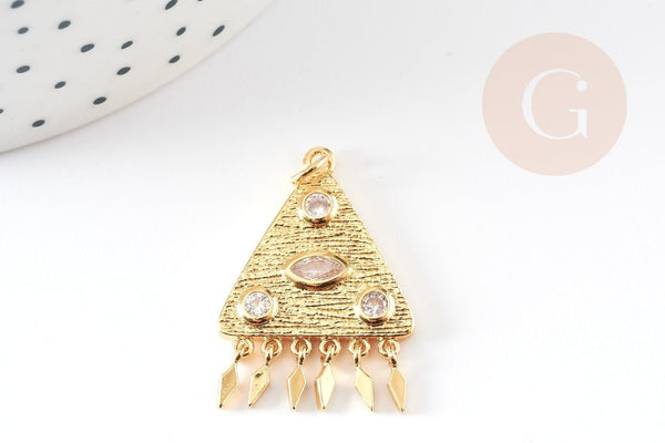 EP-Pendentif médaille triangle oeil laiton doré 18K avec papilles zircons 30mm, x1 G4655