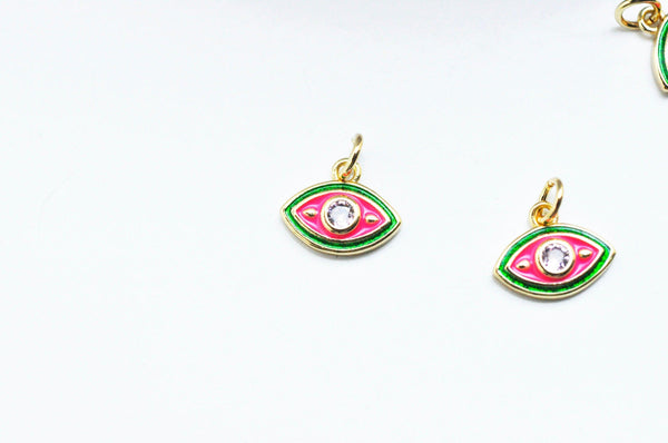 EP Pendentif petit oeil émail vert & rouge zircon doré 18K 13mm, x1 G5018