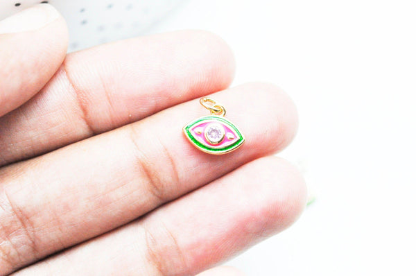 EP Pendentif petit oeil émail vert & rouge zircon doré 18K 13mm, x1 G5018