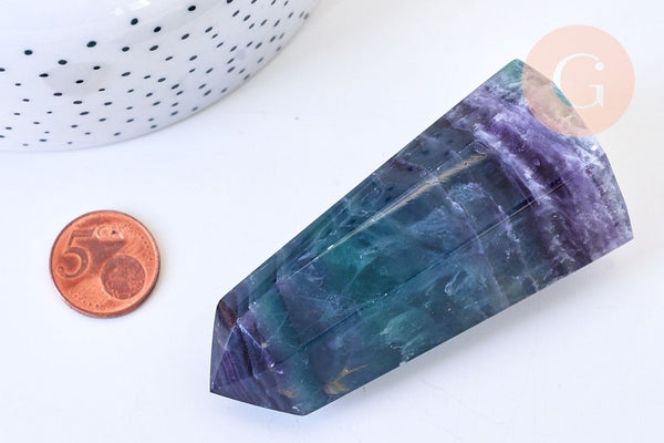 EP Pointe fluorite naturelle 8.6cm, pointe hexagonale fluorite, pierre semi-precieuse, séance lithothérapie, la pièce G6706