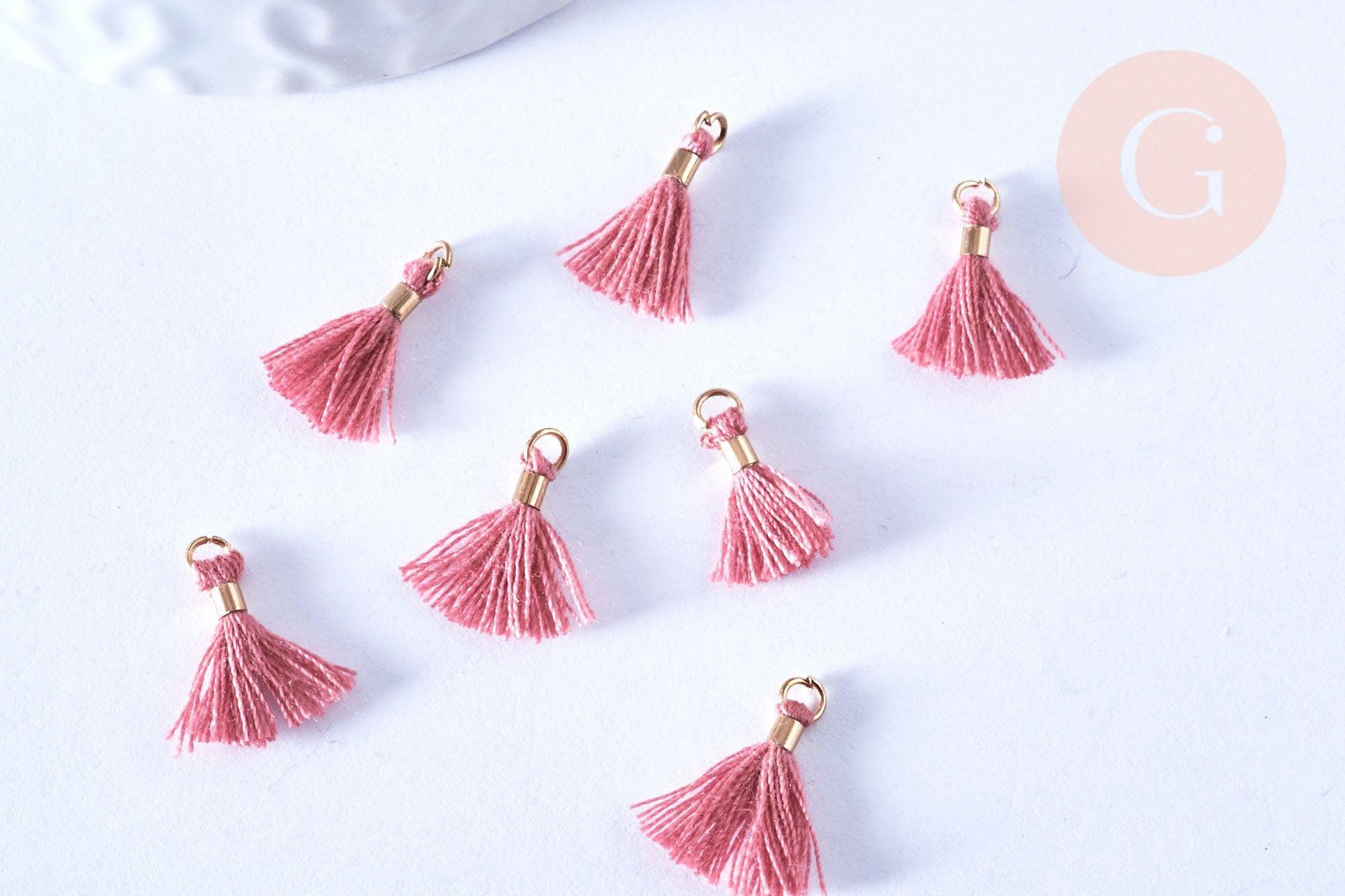 EP Pompon vieux rose polyestère support doré,décoration pompon, pompon boucles,fabrication bijoux bohème,10-15mm,les 10