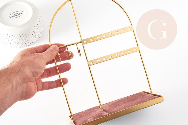 EP Présentoir à bijoux laiton doré velours vieux rose, présentoir pour rangement de bijoux, x1 G9136