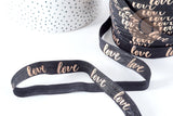 EP Ruban Élastique Large 16mm "LOVE" Or Rose sur Fond Noir – Idéal Bracelet EVJF & Couture X1 mètre (G8310) (adn)