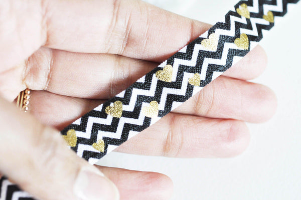 EP Ruban élastique zigzags coeurs or EFJF 16mm,1 mètre-G1584