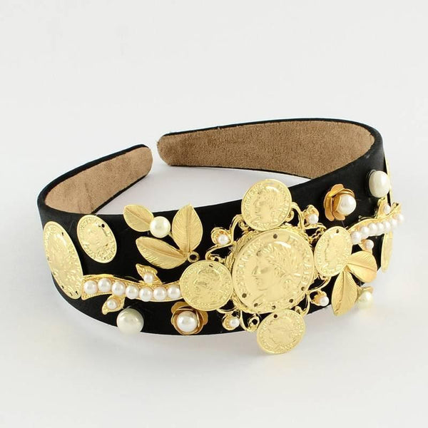 EP-Serre-tête cheveux médaille doré strass perles 110mm, x1 (G0416)