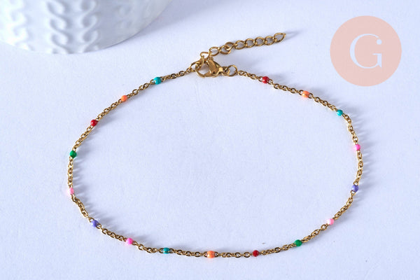 EP-chaine de cheville acier doré 14k résine multicolore chaine doree 1.5-2mm/23cm, x1 (G3662)