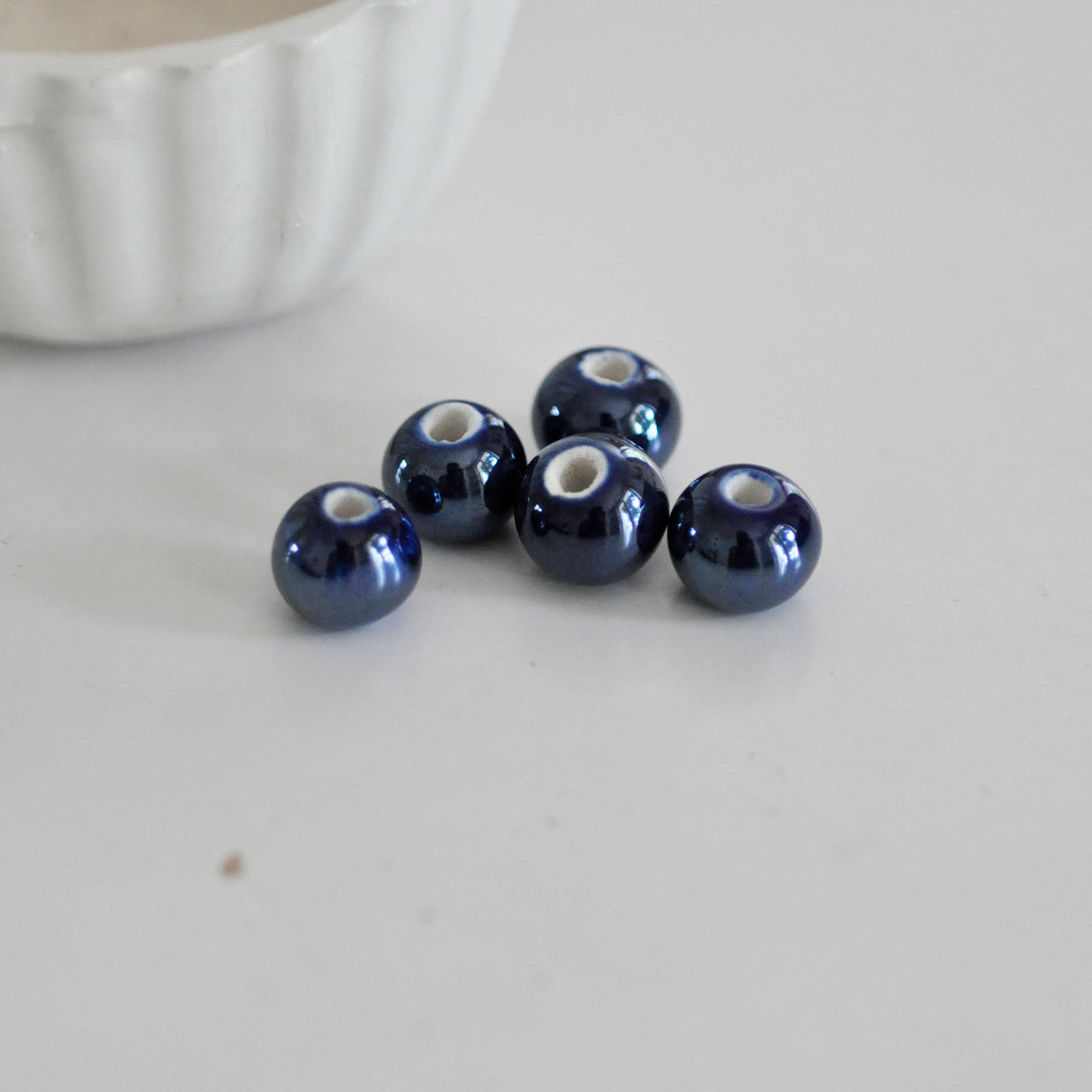 EP perle porcelaine bleu irisé, fournitures créatives,perle ronde, céramique bleu marine,perle céramique, création bijoux,x 5, 1.2cm-G1368