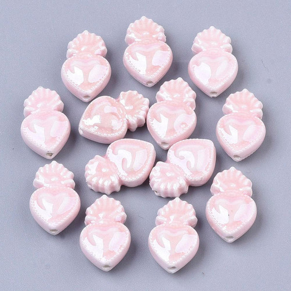 EP perle porcelaine rose clair coeur irisé,perle céramique, fabrication bijoux, céramique blanche, x 20, 16mm G4587