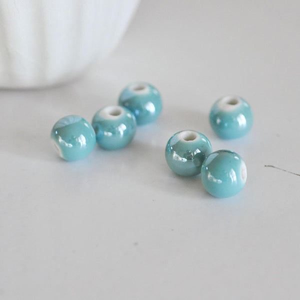 EP perle ronde porcelaine turquoise irisé,perle céramique,porcelaine turquoise,bijou porcelaine perle ronde, Les 5, 1cm-G528