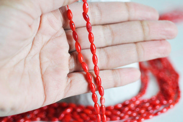 EP perles ovales corail naturel teinté rouge 4x8mm, perles coquillage fabrication bijoux, x1 fil de 39cm - G533