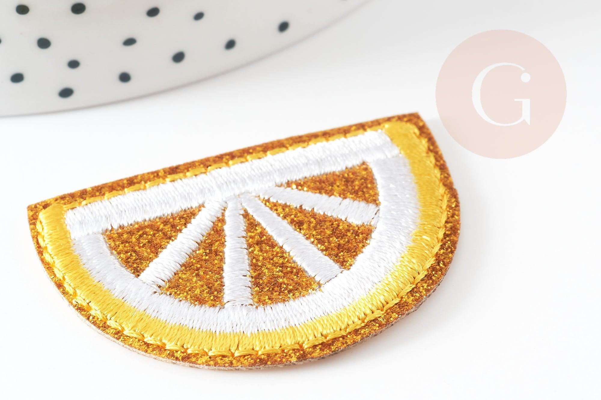 Ecusson brodé à repasser citron jaune doré customisation vêtement 46.5mm, écusson thermocollant fruit, x2 G2861
