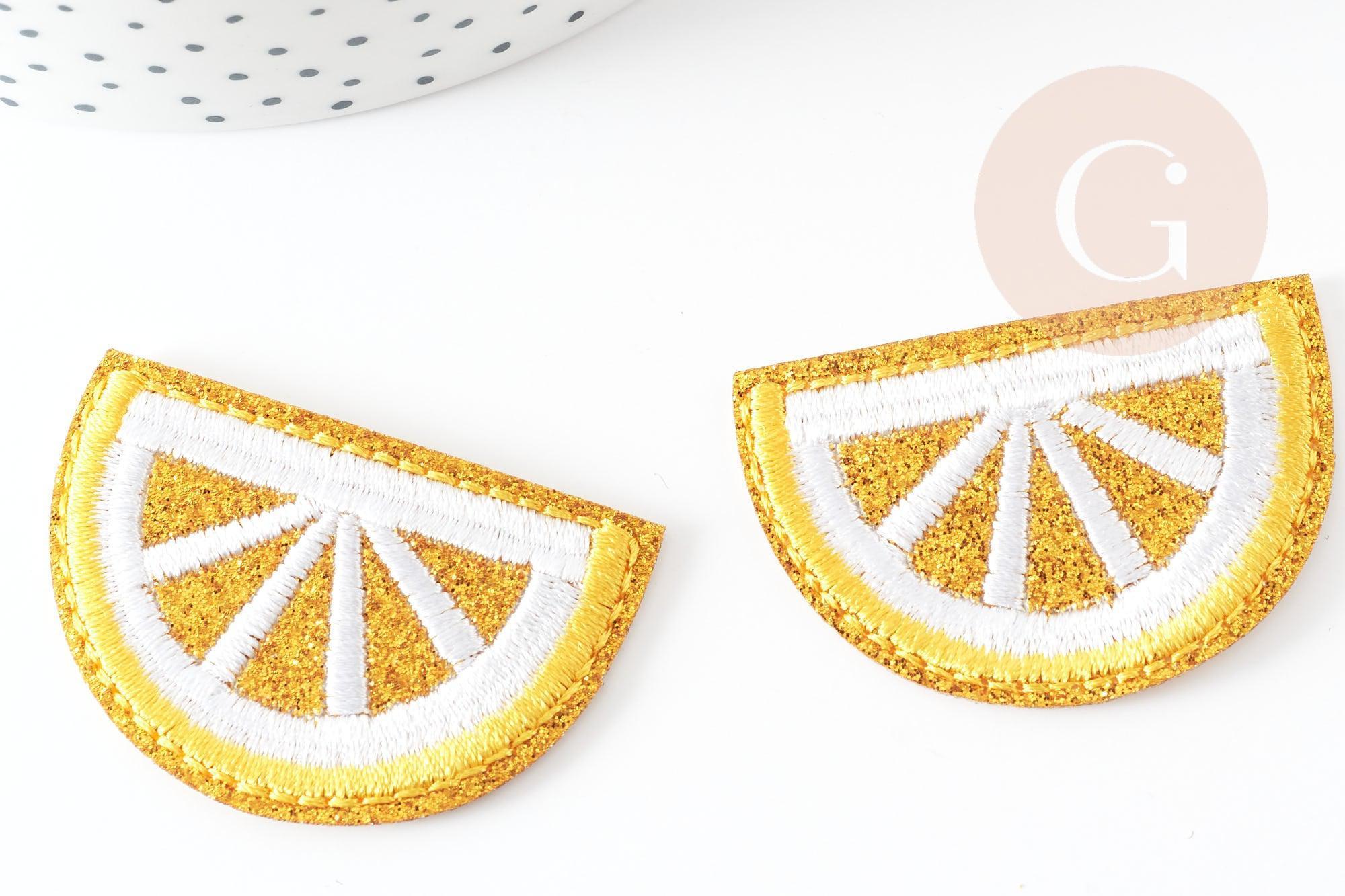 Ecusson brodé à repasser citron jaune doré customisation vêtement 46.5mm, écusson thermocollant fruit, x2 G2861