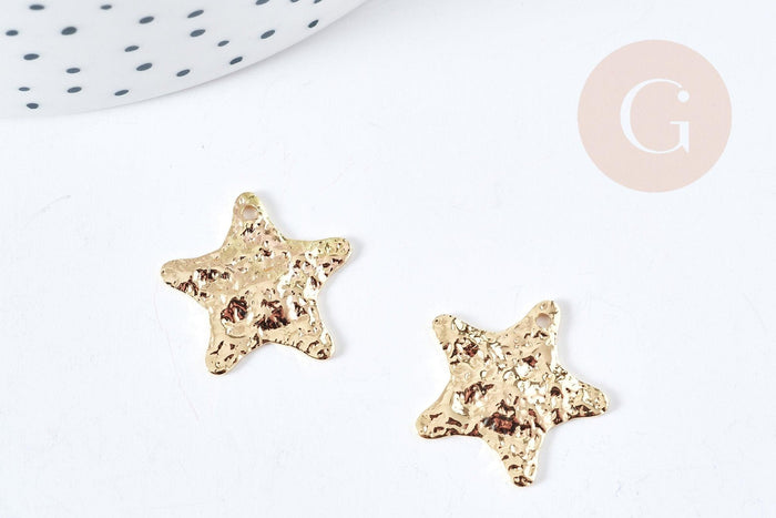 Etoile martelé laiton doré18K 19mm, pendentif étoile texturé, création bijoux doré, x1 G8559