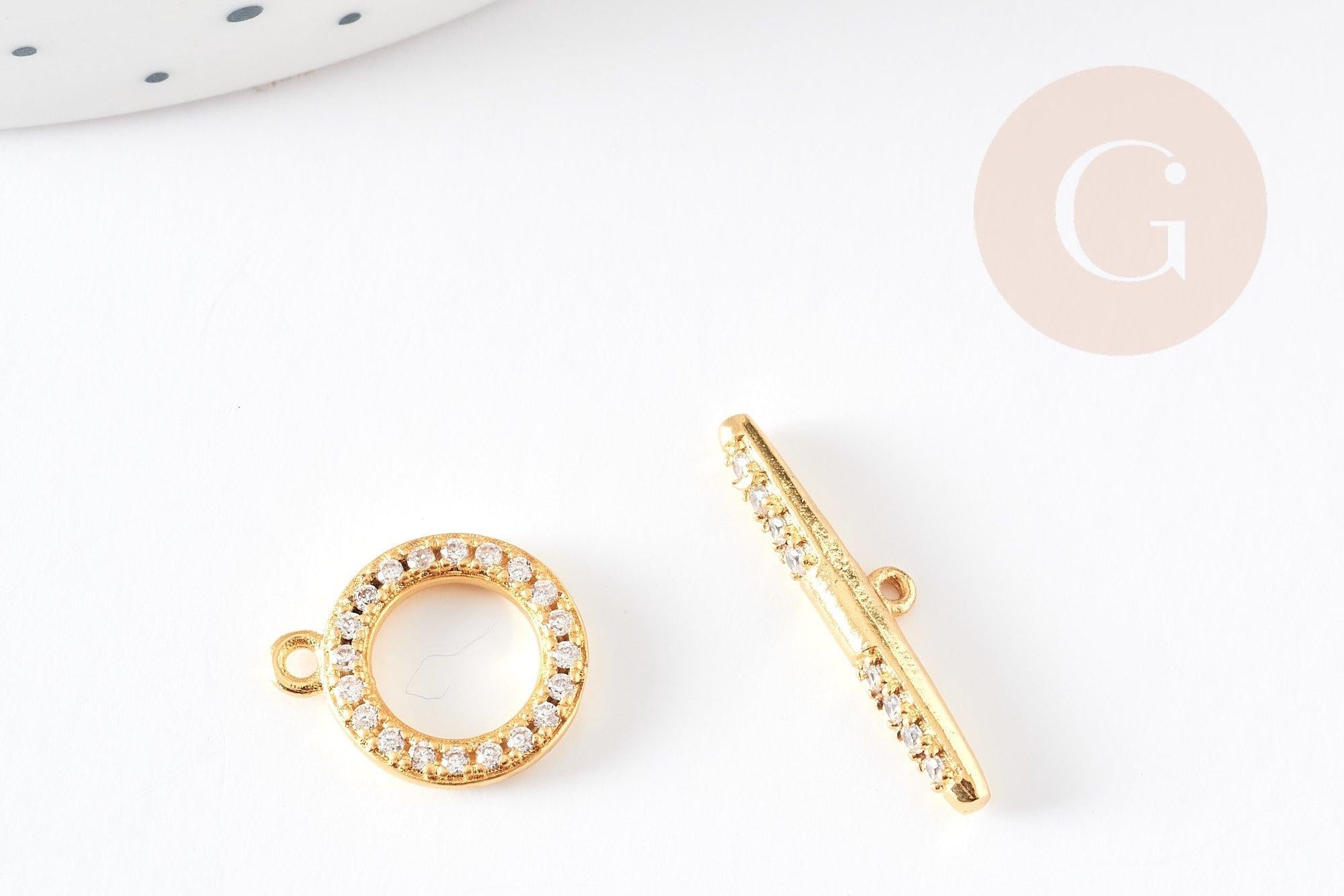 Fermoir T laiton doré 18k cristaux zircon 14mm, x1 (G5319)