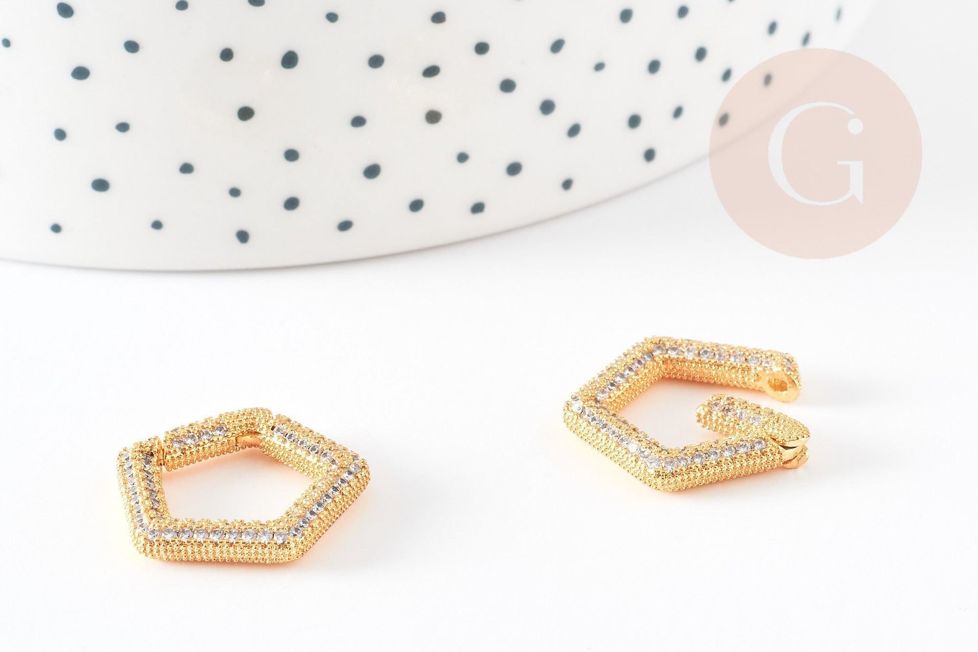 Fermoir à clapet hexagone laiton doré 16k zircon blanc 21mm, x1 (G6686)