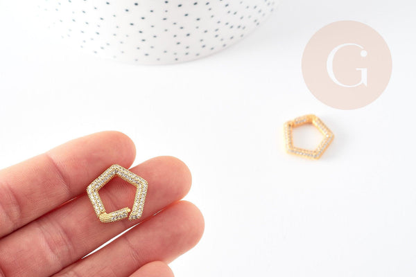 Fermoir à clapet hexagone laiton doré 16k zircon blanc 21mm, x1 (G6686)