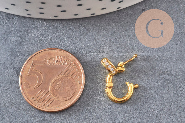 Fermoir à clipser anneau laiton doré 18k zircons 14mm, x1 (G5607)