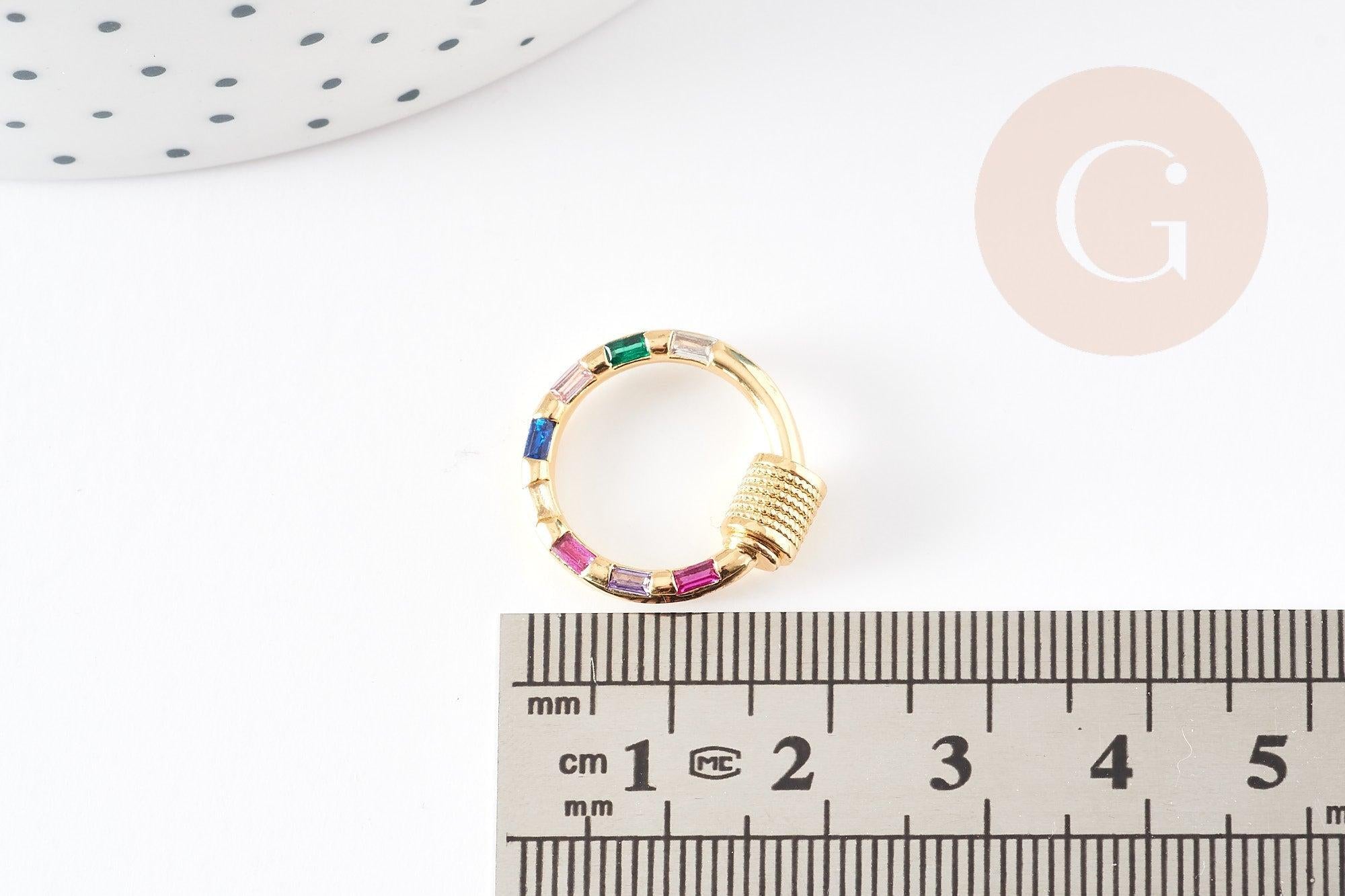 Fermoir rond à vis laiton doré 18k strass coloré 18mm, x1 (G5853)