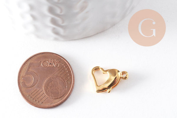 Fermoirs mousquetons coeur acier 304 inoxydable doré 14mm, x5 (G4057)